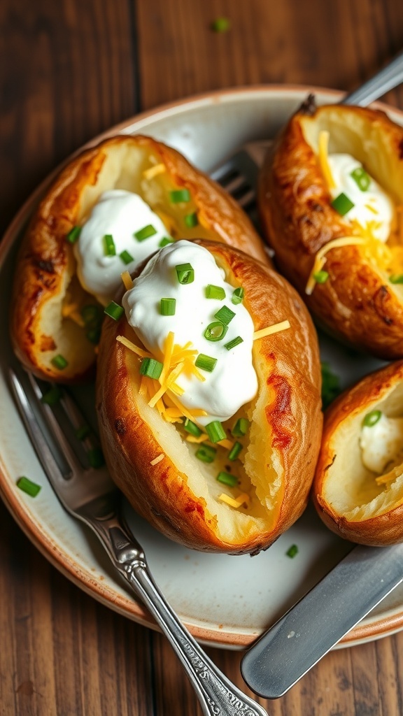 Vortex Air Fryer Baked Potatoes Recipe Baked potatoes with crispy skin topped with sour cream, cheese, and chives on a wooden table.